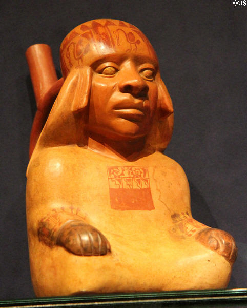 Moche earthenware portrait bottle (450-600) from Peru at Museum of Fine Arts. Boston, MA.