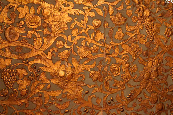 Japanese leather wallpaper, guilt on layers of paper embossed to imitate Spanish leather, at Gibson House Museum. Boston, MA.