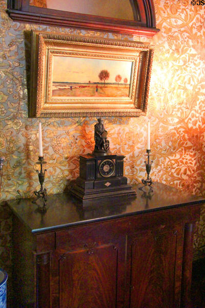 Hall sideboard with Gutenberg clock at Gibson House Museum. Boston, MA.