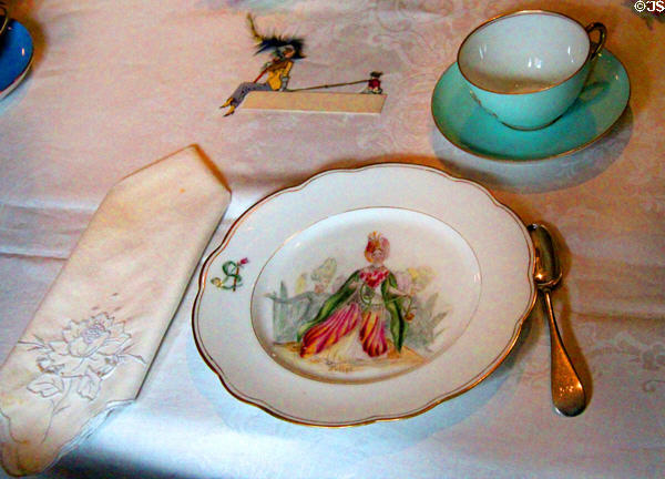Dining room place setting with hand-painted plate (1889) at Gibson House Museum. Boston, MA.