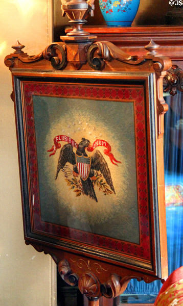 Firescreen embroidered with American eagle at Gibson House Museum. Boston, MA.