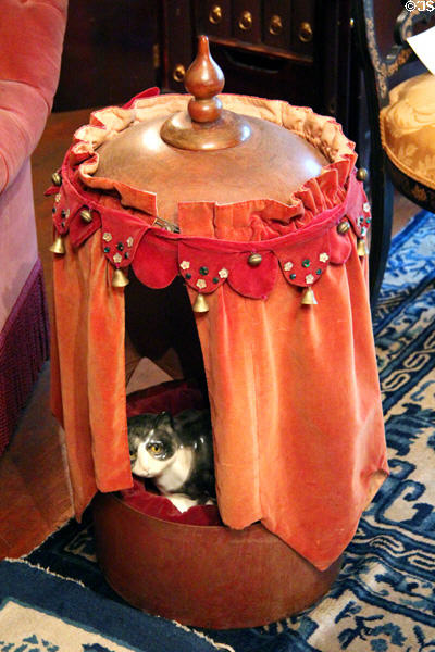Pet pagoda cat bed in music room at Gibson House Museum. Boston, MA.