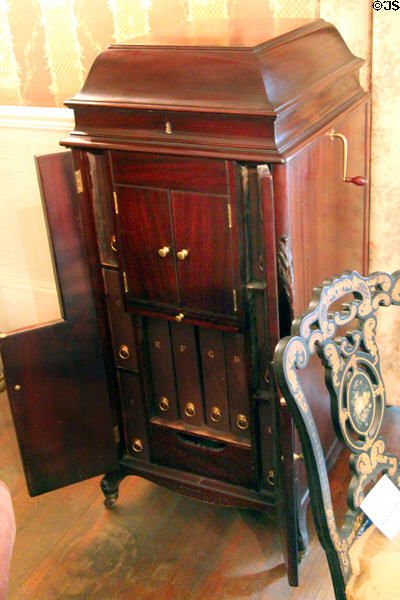 Wind-up phonograph cabinet in music room at Gibson House Museum. Boston, MA.