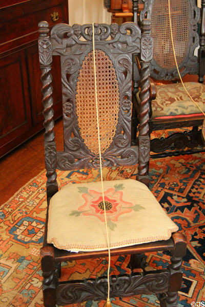 Jacobean-style chair with carving by Rose Standish Nichols at Nichols House Museum. Boston, MA.
