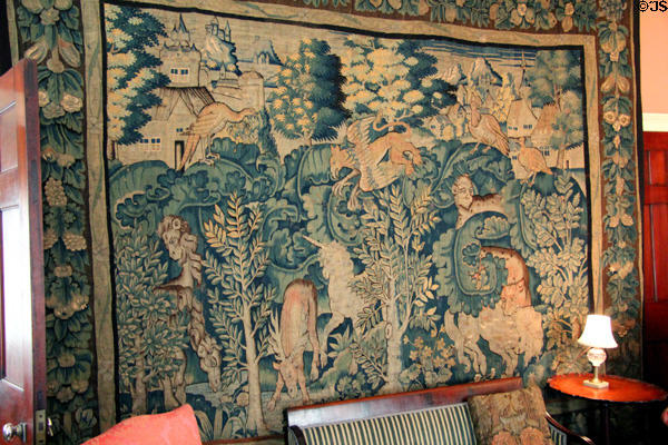 Belgian tapestry with allegorical unicorn & monsters in parlor at Nichols House Museum. Boston, MA.