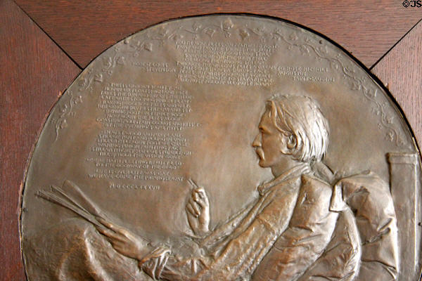 Detail of bronze sculpted plaque of Robert Louis Stevenson (1888) by Augustus Saint-Gaudens at Nichols House Museum. Boston, MA.