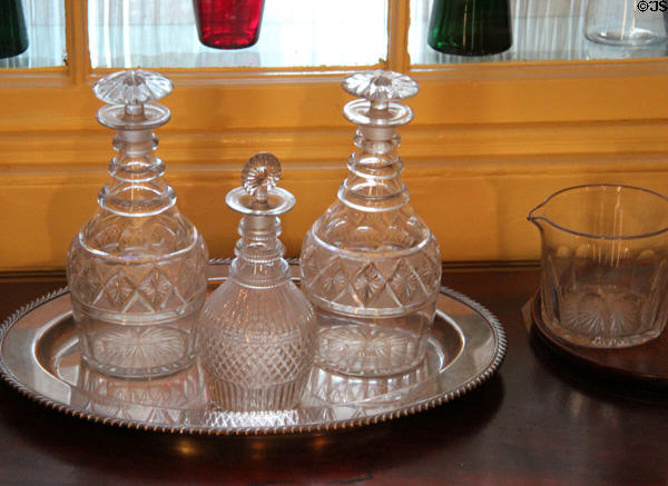 Glass decanters in dining room at Nichols House Museum. Boston, MA.