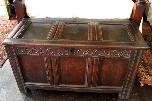 English dower chest (17thC) from Salisbury in front bedroom at Nichols House Museum. Boston, MA.