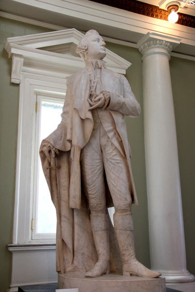 Patriot leader Dr. Joseph Warren who died at the battle statue (1855) by Henry Dexter at Bunker Hill Monument. Boston, MA.