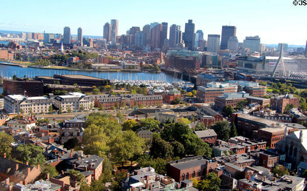 View of downtown Boston from top of Bunker Hill Monument. Boston, MA.