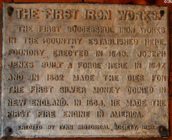 Early historical sign (1898) marking Saugus Iron Works. Boston, MA.