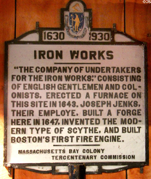 Early historical sign (1930) marking Saugus Iron Works. Boston, MA.