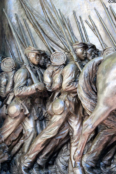 Detail of black-American Union troops on Robert Gould Shaw Memorial (1897) sculpted by Augustus Saint-Gaudens at Mass. state capitol. Boston, MA.