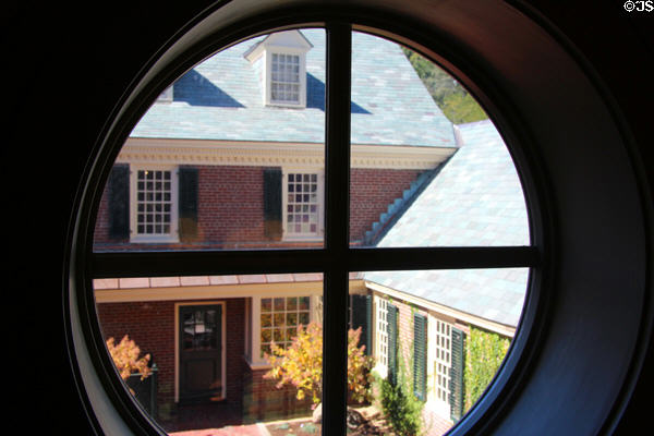 Concord Museum through round window. Concord, MA.
