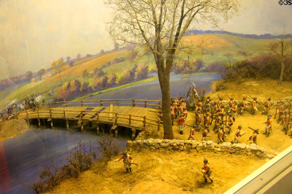 Model of battle at North Bridge in Concord between British regulars & provincial rebels, April 19, 1775 at Concord Museum. Concord, MA.