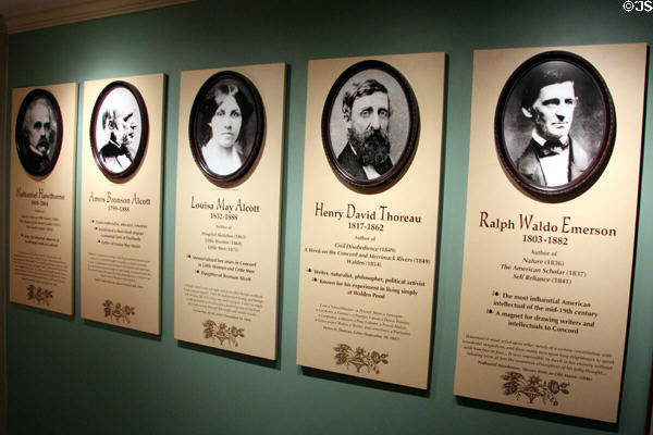 Display on famous artists of Concord (Nathaniel Hawthorne, Amos Bronson Alcott, Louisa May Alcott, Henry David Thoreau, & Ralph Waldo Emerson) at Concord Museum. Concord, MA.