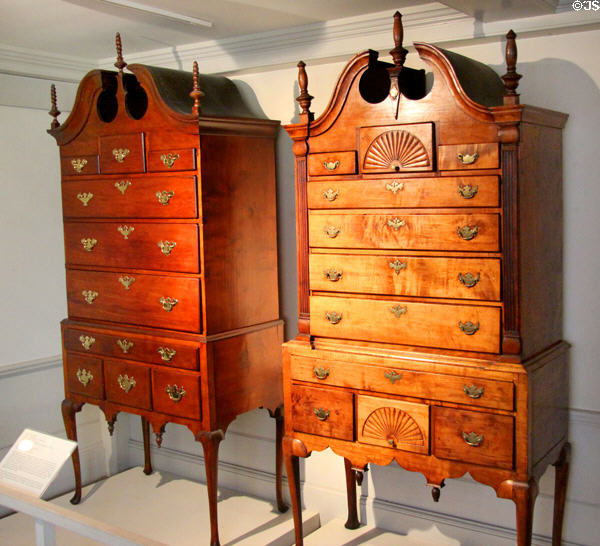 Two high chests (1770-80) from Concord, MA at Concord Museum. Concord, MA.