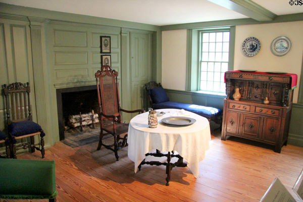 Early 18th C room (1700-20) with oval table, several chairs & joined cupboard at Concord Museum. Concord, MA.
