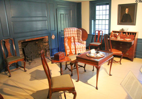 Mid 18th C room (1750-75) with tea serving items, table, chairs & desk at Concord Museum. Concord, MA.