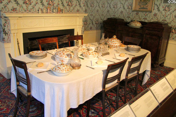 Early 19th C parlor (1810-30) with dining table & porcelain service at Concord Museum. Concord, MA.