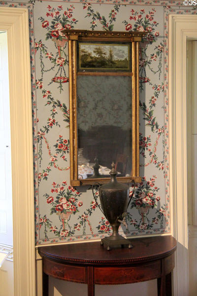 Looking glass (1800-25) possibly American over English urn (1770-99) & card table at Concord Museum. Concord, MA.