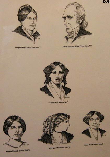 Sketches of Alcott family & how they relate to Little Women by Louisa May Alcott at Orchard House. Concord, MA.