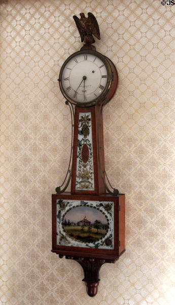 Banjo clock with painting of Massachusetts State House (c1920s) sold by Shreve, Crump & Low Co. at Orchard House. Concord, MA.