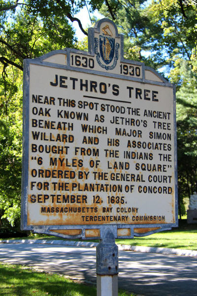 Plaque marking Jethro's Tree where Major Simon Willard bought Concord from the Indians on Monument Sq. Concord, MA.