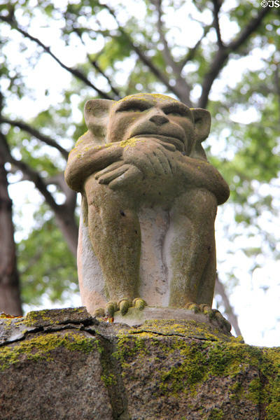 Monkey carving in garden at Hammond Castle Museum. Gloucester, MA.