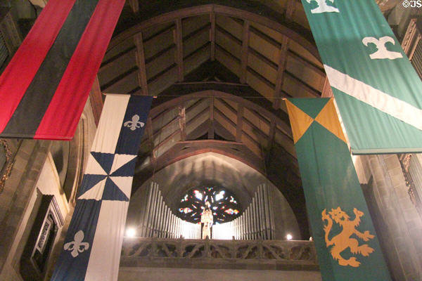 Flags in Great Hall at Hammond Castle Museum. Gloucester, MA.