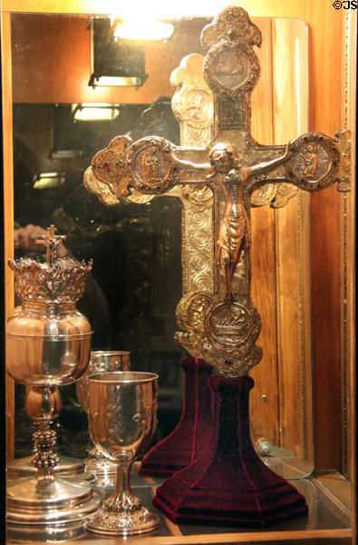 Religious objects in Great Hall at Hammond Castle Museum. Gloucester, MA.