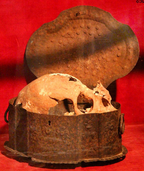 Human skull in box (14th or 15thC) said to be one of Columbus's crew members at Hammond Castle Museum. Gloucester, MA.