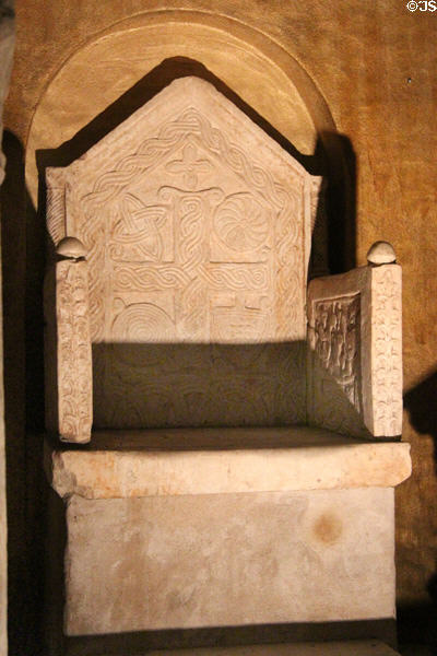 Medieval carved stone chair at Hammond Castle Museum. Gloucester, MA.
