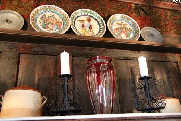 Plates on dining room sideboard at Hammond Castle Museum. Gloucester, MA.