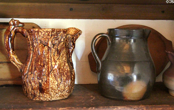 Ceramic pitchers, one with hound handle, at John Balch Museum House. Beverly, MA.