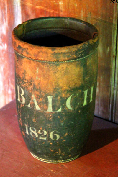Balch family leather fire bucket (1826) at John Balch Museum House. Beverly, MA.