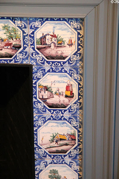 Original Delft tiles (1781) on parlor fireplace at John Cabot House. Beverly, MA.
