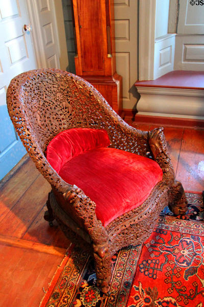 Teak chair with lion (early 19thC) from China at John Cabot House. Beverly, MA.