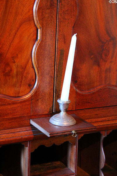 Pull-out candle shelf on secretary which belonged to Moses Brown at John Cabot House. Beverly, MA.