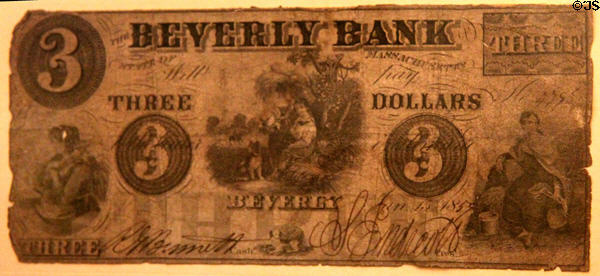 Three dollar bill issued (1859) by Beverly Bank at John Cabot House. Beverly, MA.