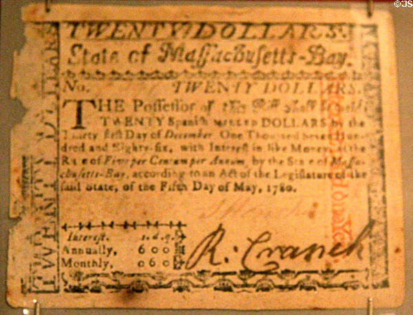 Twenty dollar bill issued (1780) by State of Massachusetts-Bay at John Cabot House. Beverly, MA.