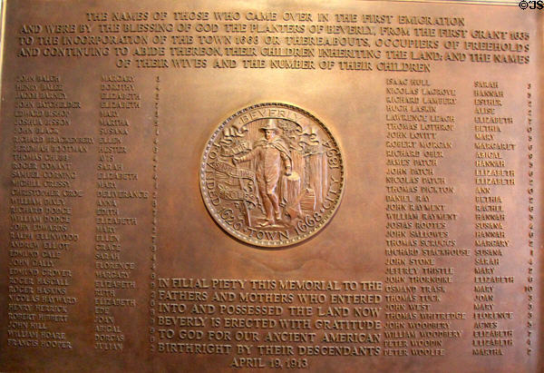 Plaque with names of first English settlers of Beverly in 1626 at John Cabot House. Beverly, MA.