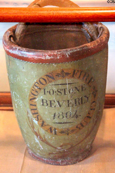 Washington Fire Club leather fire bucket (1804) which belonged to I.O. Stone at John Cabot House. Beverly, MA.