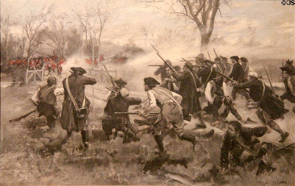 Fight at Concord Bridge on 19 April 1775 painting (prior to 1898) by Frederick Coffay Yohn at John Cabot House. Beverly, MA.