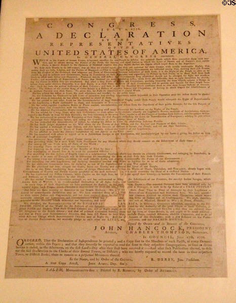 Declaration of Independence (E. Russell newsprint broadside version) (printed 17 July, 1776) at John Cabot House. Beverly, MA.
