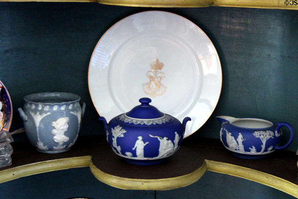 Wedgwood pottery in dining room at Rev. John Hale House. Beverly, MA.