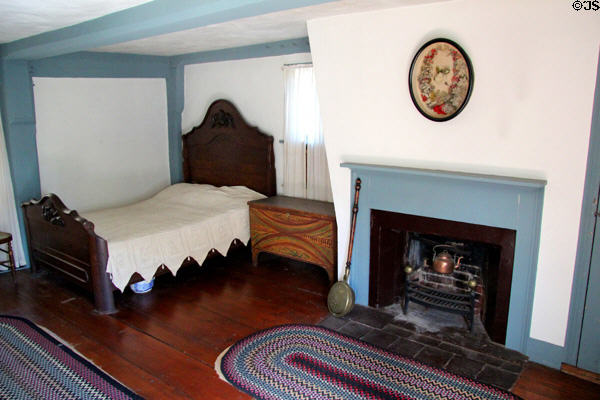 Bedroom with blue fireplace at Rev. John Hale House. Beverly, MA.