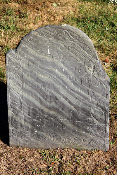 Tombstone with deathead (1747) in Beverly First Baptist Church graveyard. Beverly, MA.