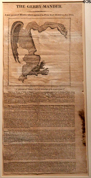 Gerrymander map of Essex, MA (1812) assumes monster shape with wings, claws & fangs to protest electoral district created to assure election of one political party at Abbot Hall. Marblehead, MA.