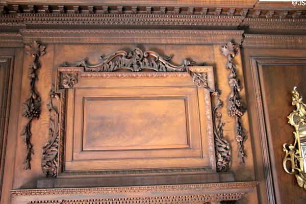 Drawing room fireplace overmantle carving at Jeremiah Lee Mansion. Marblehead, MA.